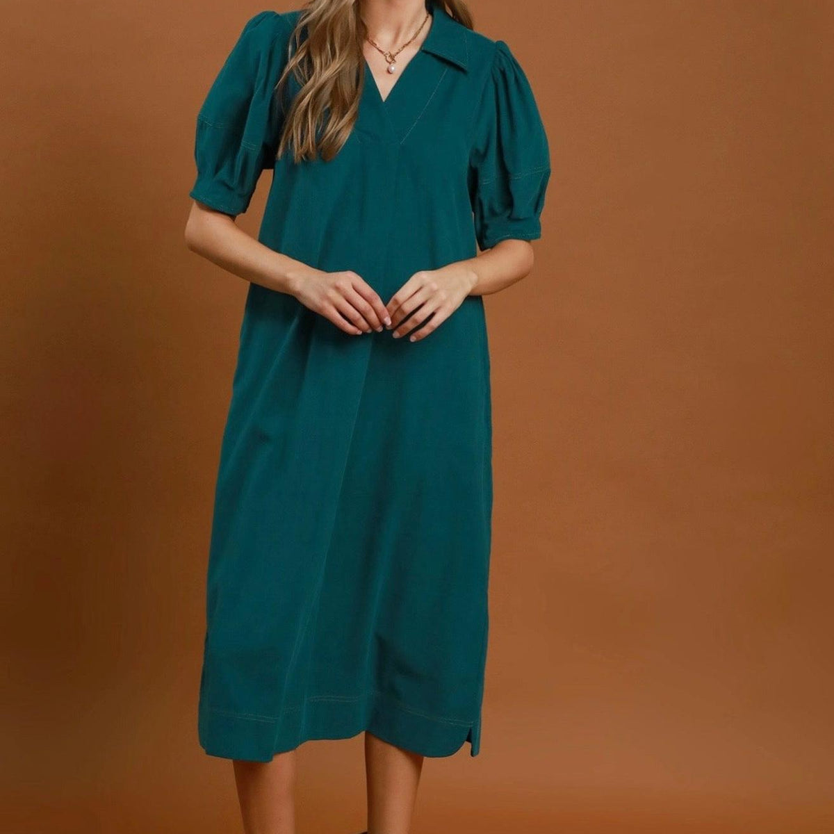 Howdy Honey Teal Puff Sleeve Midi Dress