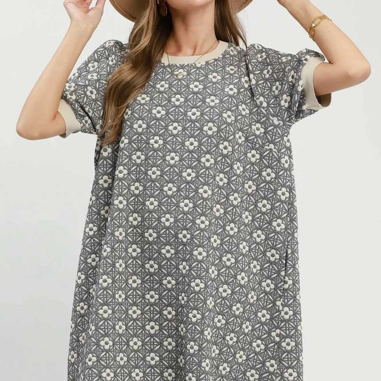 Umgee Smoky Blooms Floral Textured Puff Sleeve Mini Dress-Women's Dresses-Shop Z & Joxa