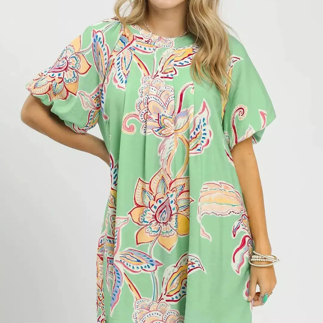 Umgee Fresh Bloom Boho Floral Print Mini Dress with Pockets-Shop Z & Joxa