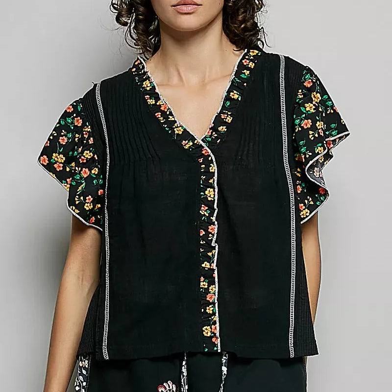 POL Midnight Floral V-Neck Ruffle Sleeve Blouse-Shirts & Tops-Shop Z & Joxa