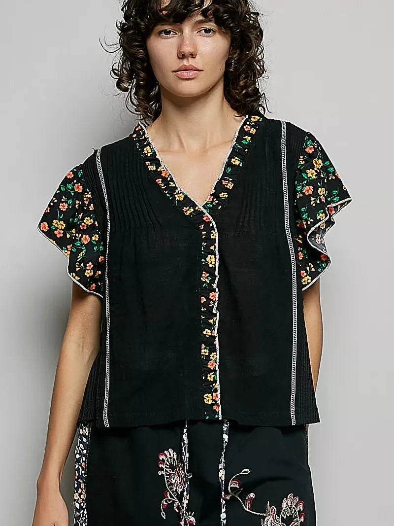 POL Midnight Floral V-Neck Ruffle Sleeve Blouse-Shirts & Tops-Shop Z & Joxa
