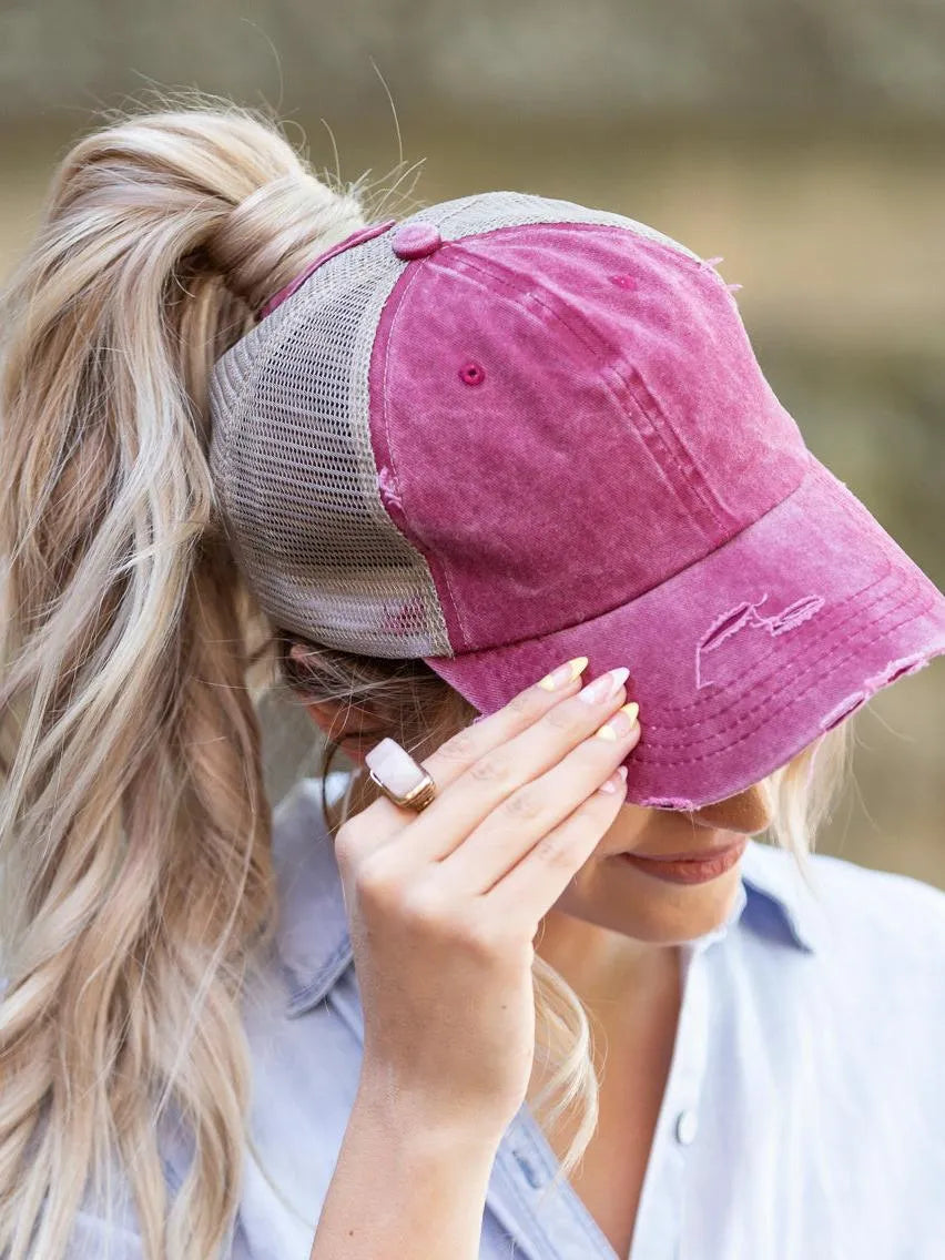 Aili's Corner Hot Mess Distressed Messy Bun Ball Hat-Women's Accessories-Shop Z & Joxa