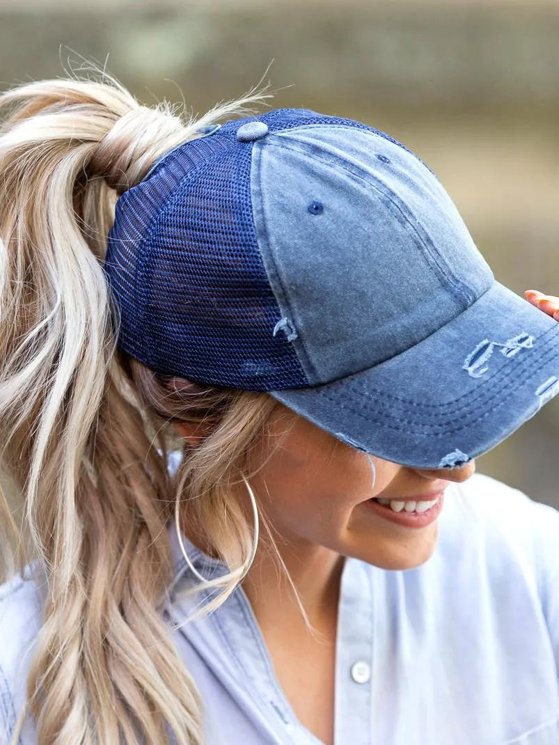 Aili's Corner Hot Mess Distressed Messy Bun Ball Hat-Women's Accessories-Shop Z & Joxa