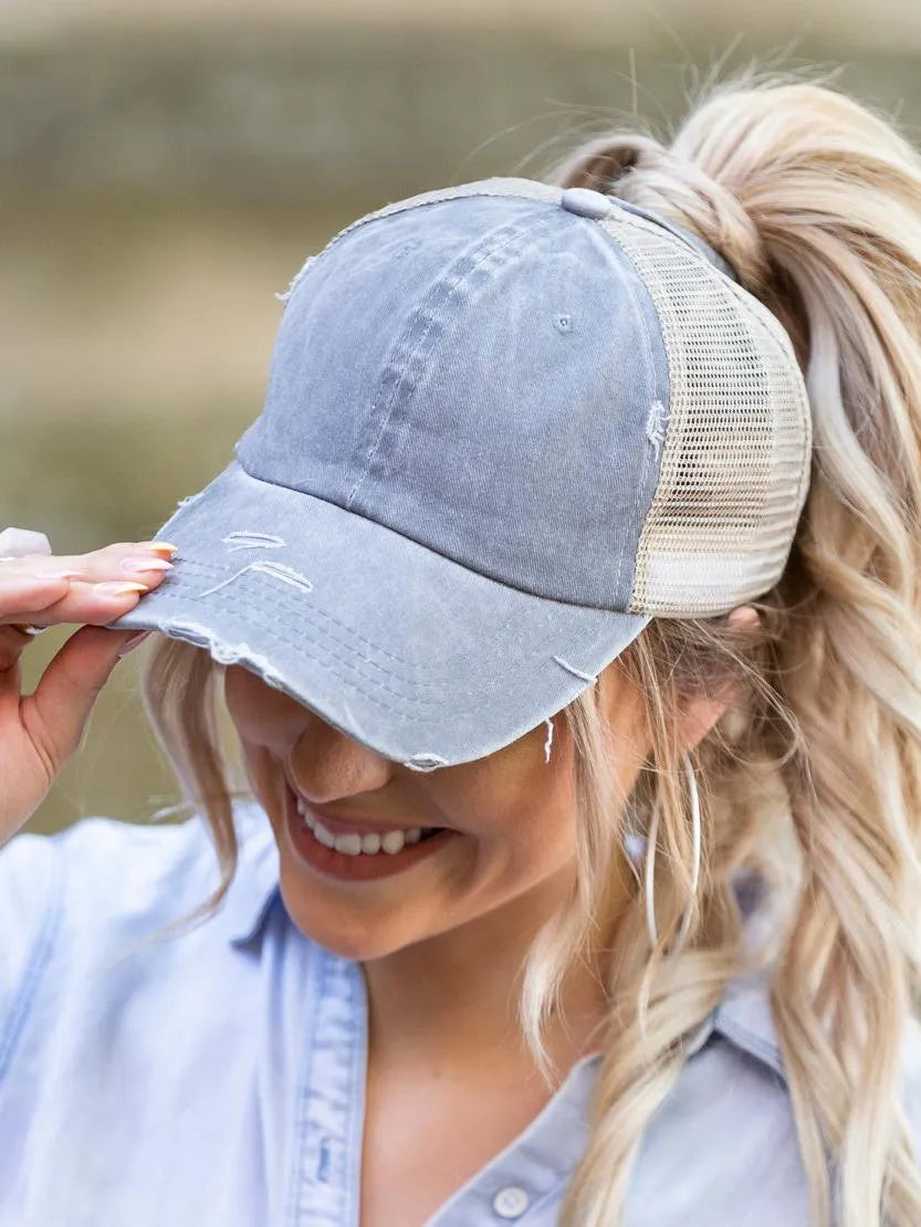 Aili's Corner Hot Mess Distressed Messy Bun Ball Hat-Women's Accessories-Shop Z & Joxa