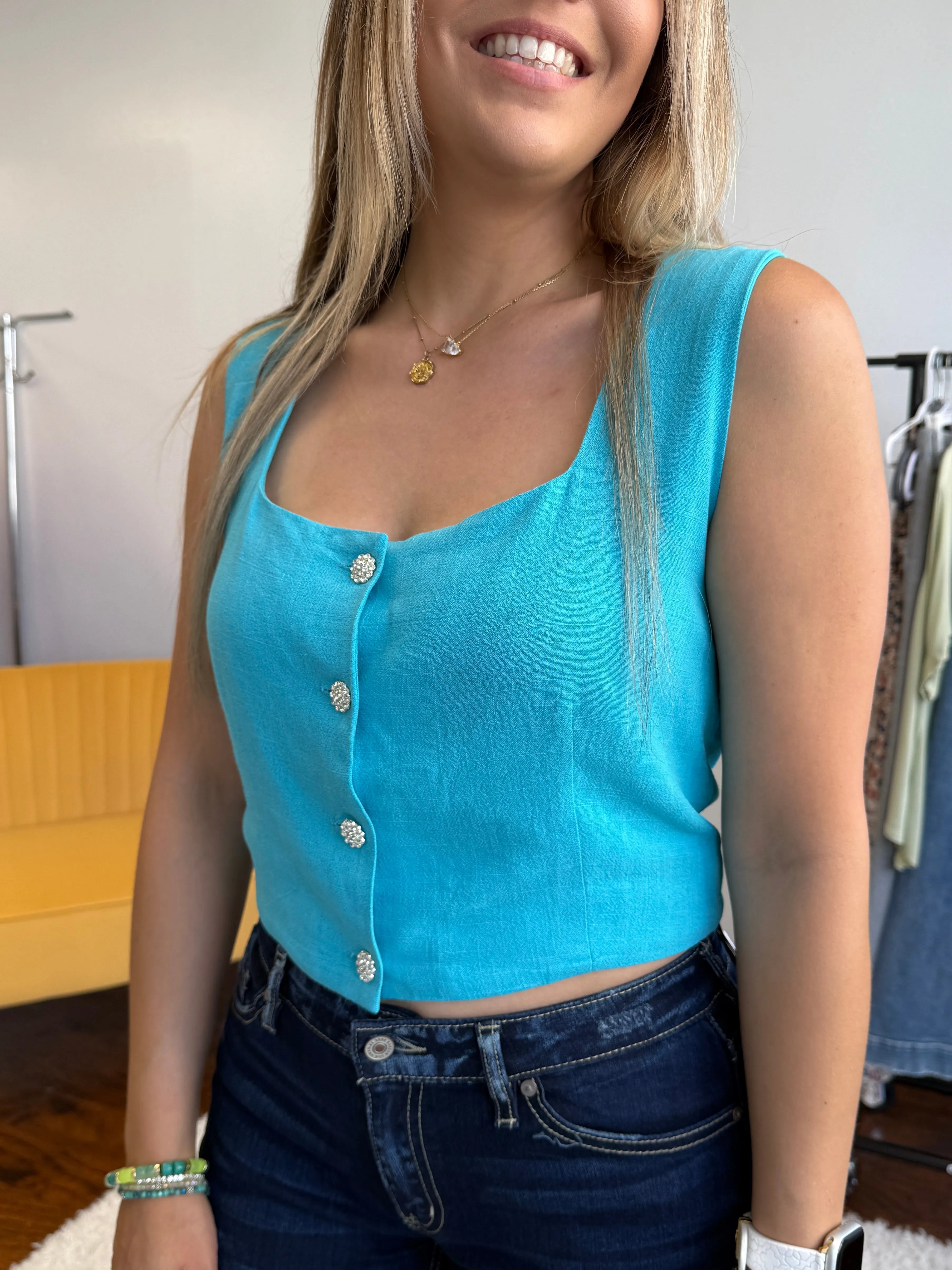 All Eyes on You Cropped Button Vest Top-Women's Shirts & Tops-Shop Z & Joxa