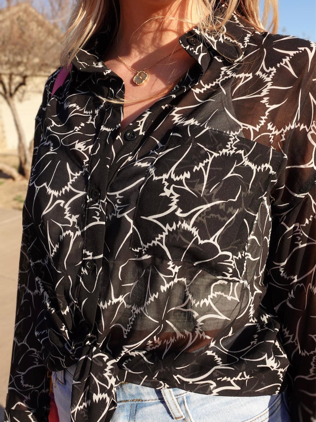 Aloha Semi Sheer Hawaiian Blouse in Black-Women's Shirts & Tops-Shop Z & Joxa