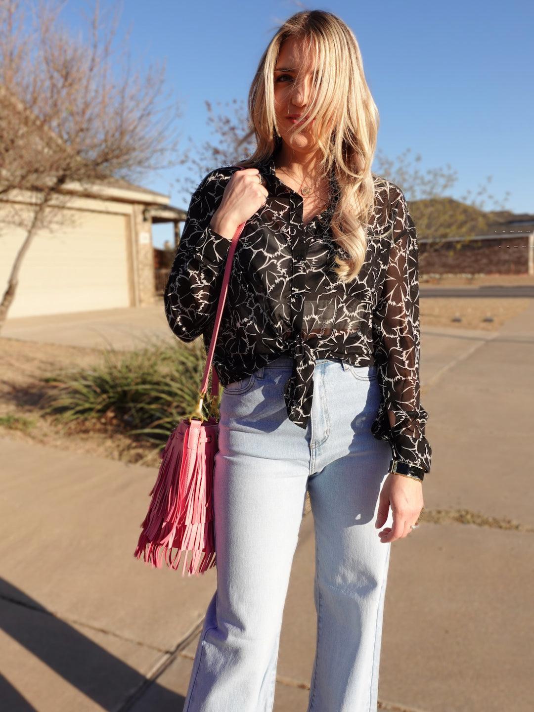 Aloha Semi Sheer Hawaiian Blouse in Black-Women's Shirts & Tops-Shop Z & Joxa