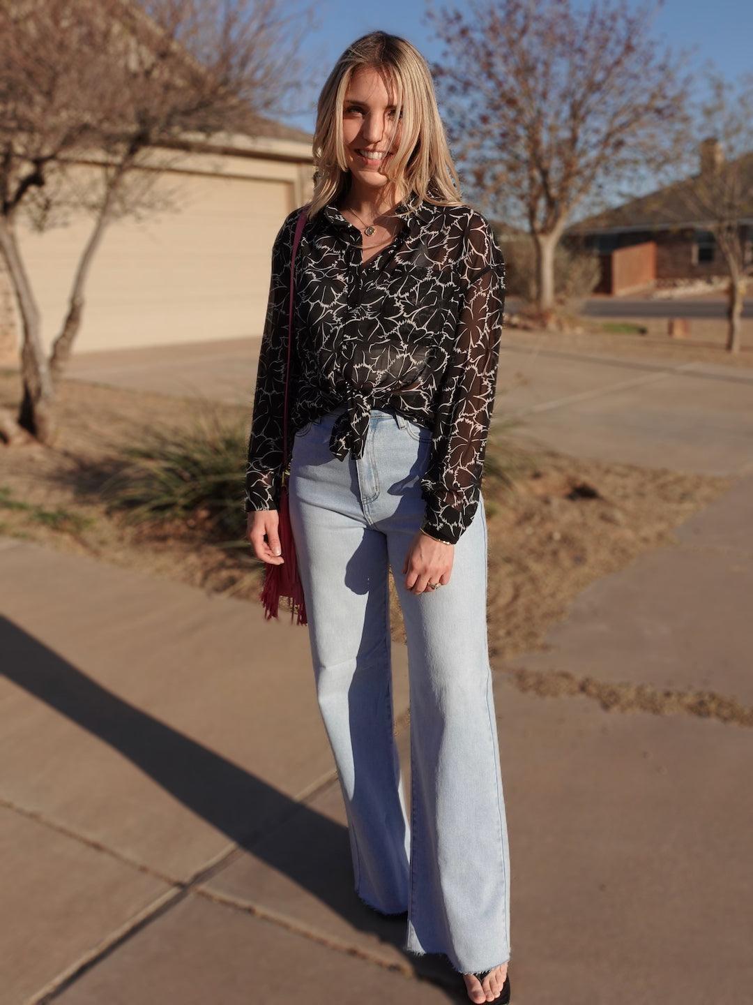 Aloha Semi Sheer Hawaiian Blouse in Black-Women's Shirts & Tops-Shop Z & Joxa