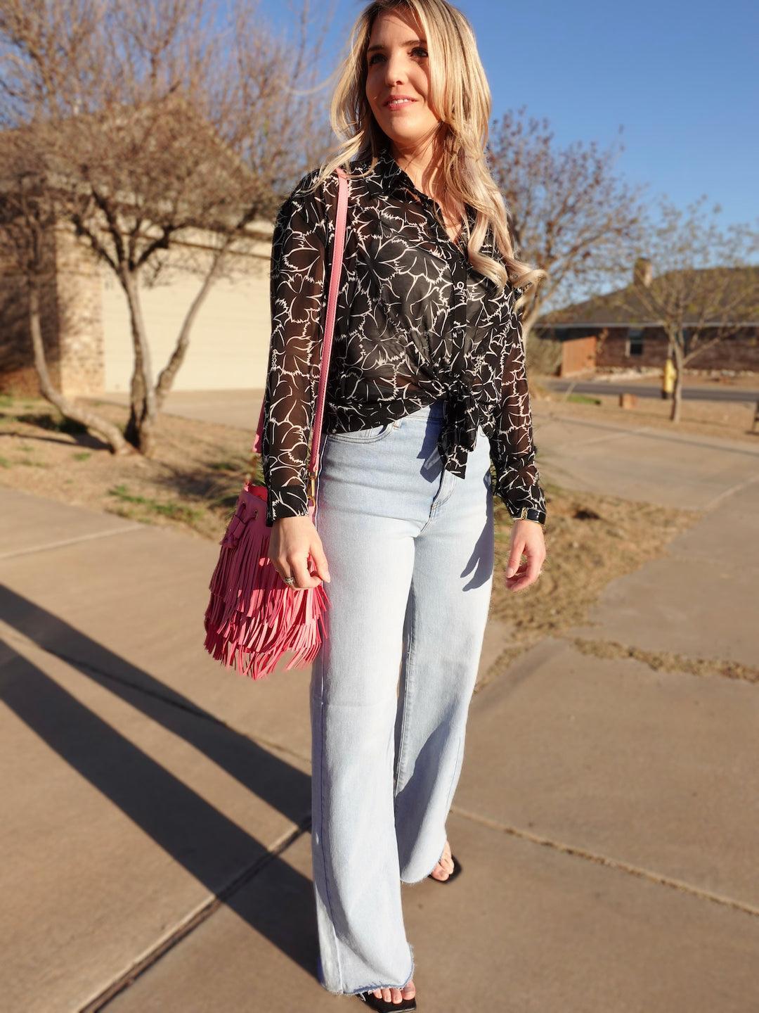 Aloha Semi Sheer Hawaiian Blouse in Black-Women's Shirts & Tops-Shop Z & Joxa