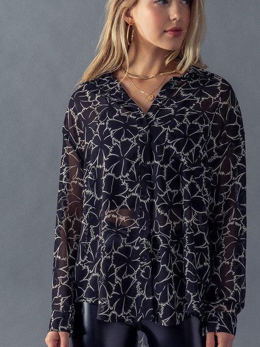 Aloha Semi Sheer Hawaiian Blouse in Black-Women's Shirts & Tops-Shop Z & Joxa