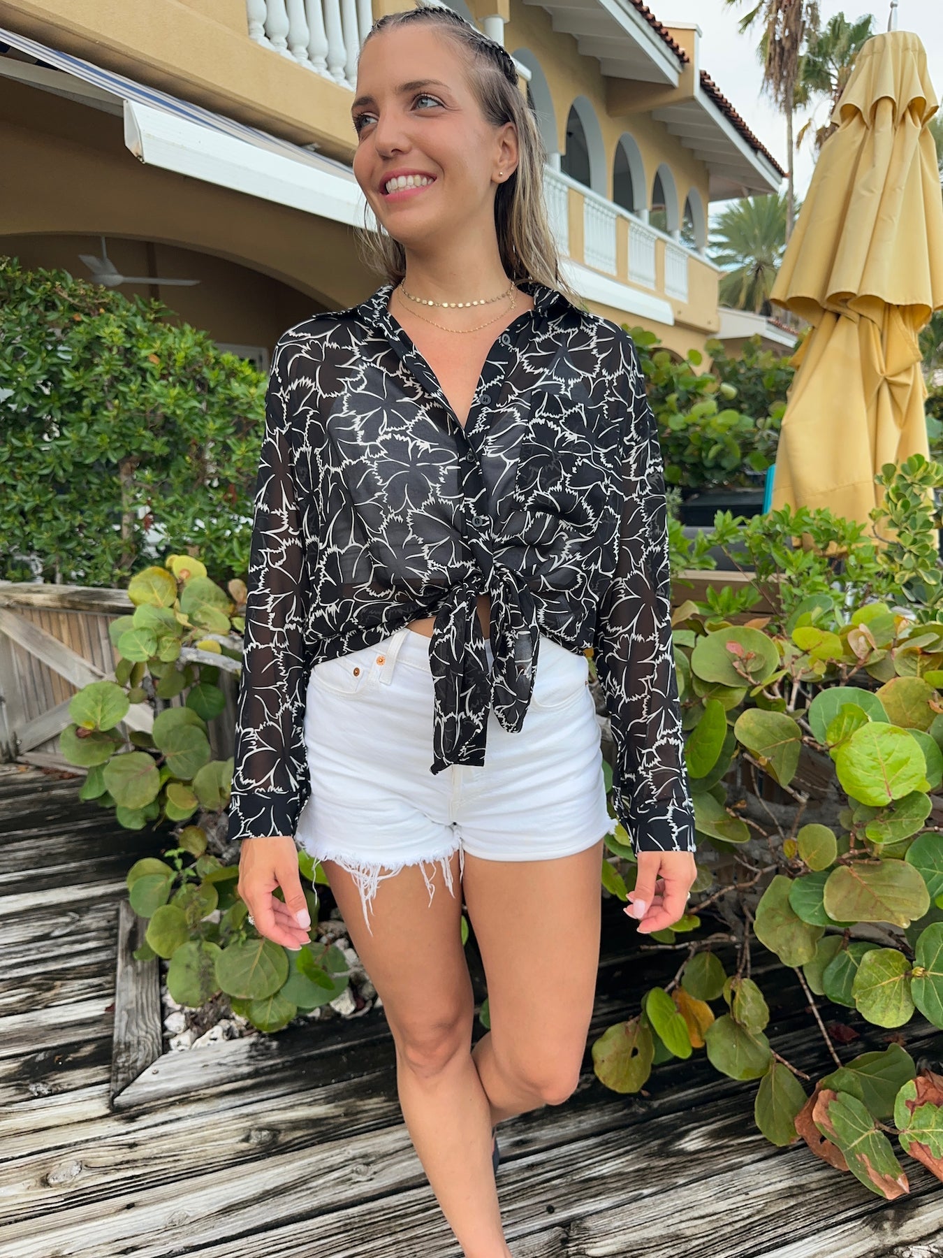 Aloha Semi Sheer Hawaiian Blouse in Black-Women's Shirts & Tops-Shop Z & Joxa