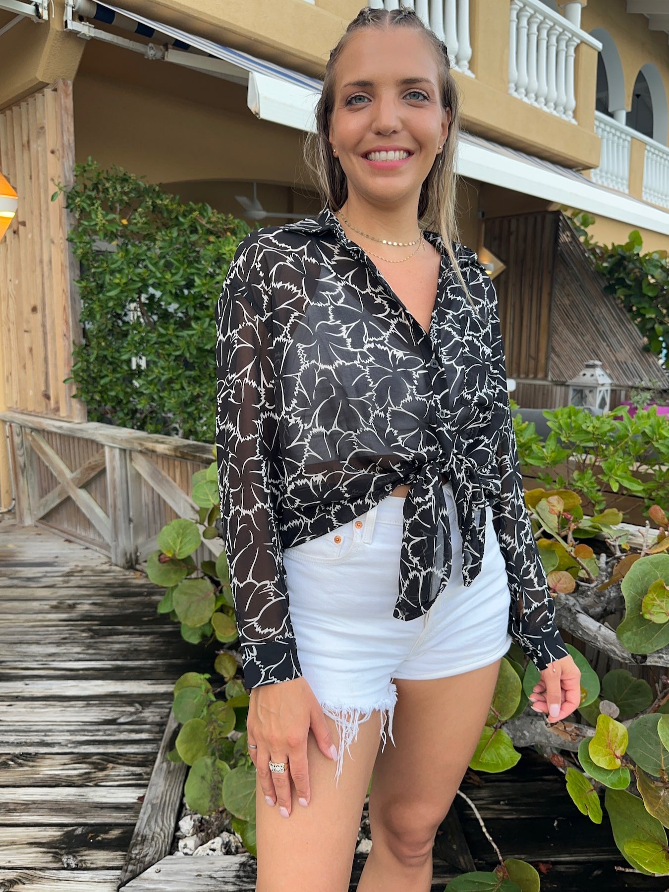 Aloha Semi Sheer Hawaiian Blouse in Black-Women's Shirts & Tops-Shop Z & Joxa