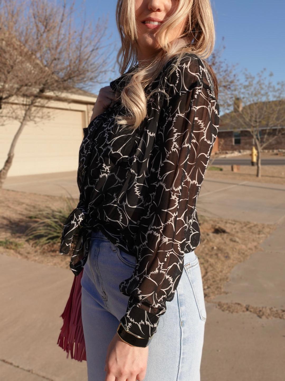 Aloha Semi Sheer Hawaiian Blouse in Black-Women's Shirts & Tops-Shop Z & Joxa