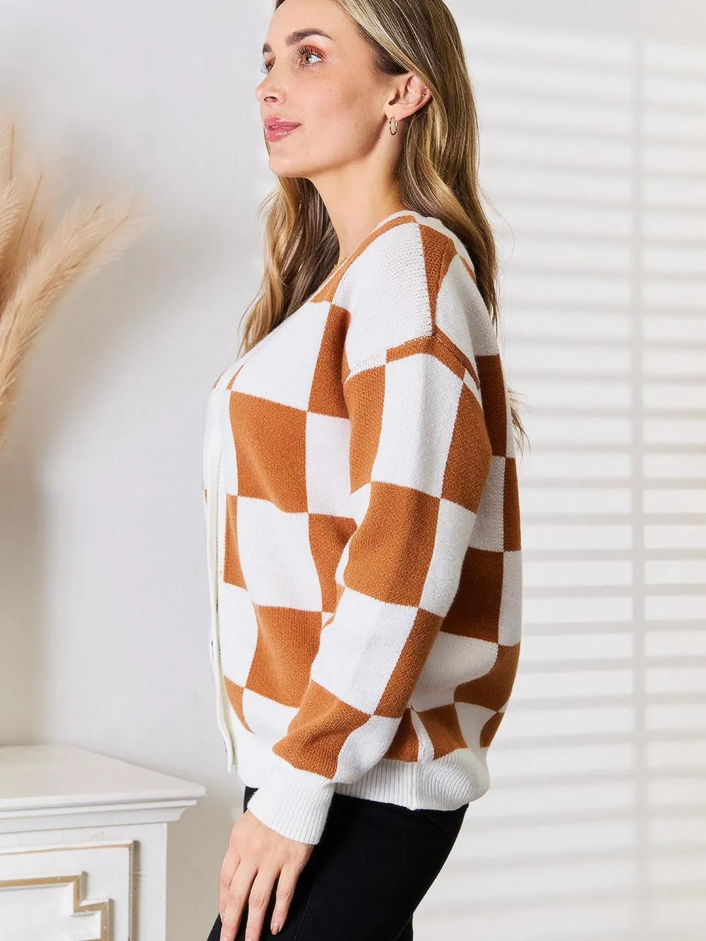 Angel Wings Checkmate Buttonup V-Neck Drop Shoulder Cardigan-Women's Shirts & Tops-Shop Z & Joxa