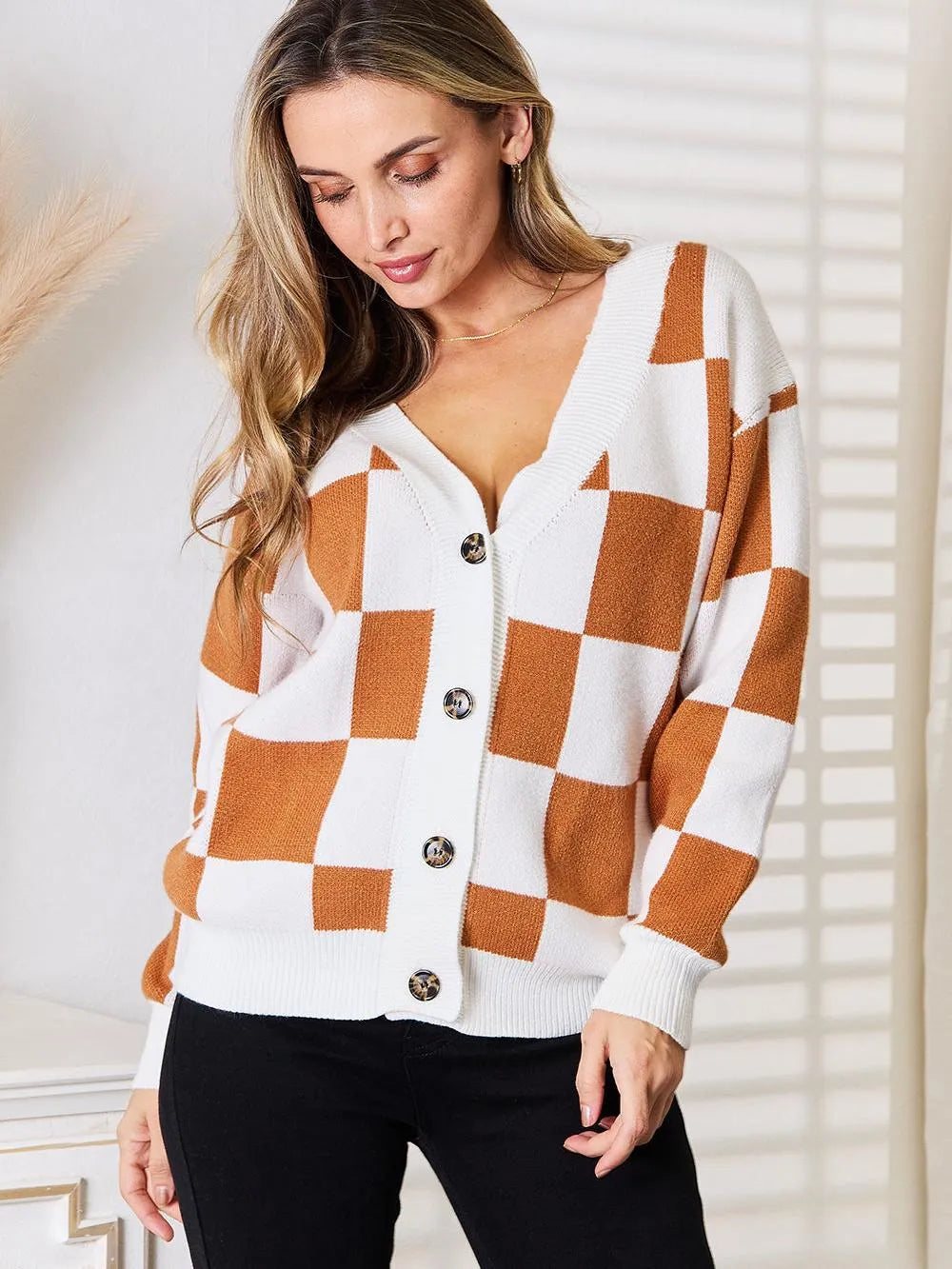 Angel Wings Checkmate Buttonup V-Neck Drop Shoulder Cardigan-Women's Shirts & Tops-Shop Z & Joxa