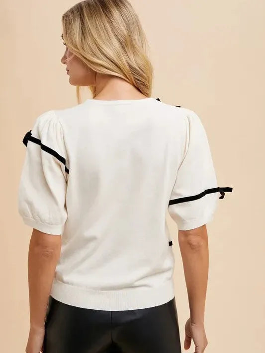 Annie Wear Pretty in Stripes Short Sleeve Knit Top with Bows-Women's Shirts & Tops-Shop Z & Joxa