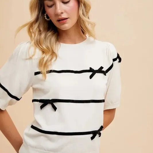 Annie Wear Pretty in Stripes Short Sleeve Knit Top with Bows-Women's Shirts & Tops-Shop Z & Joxa