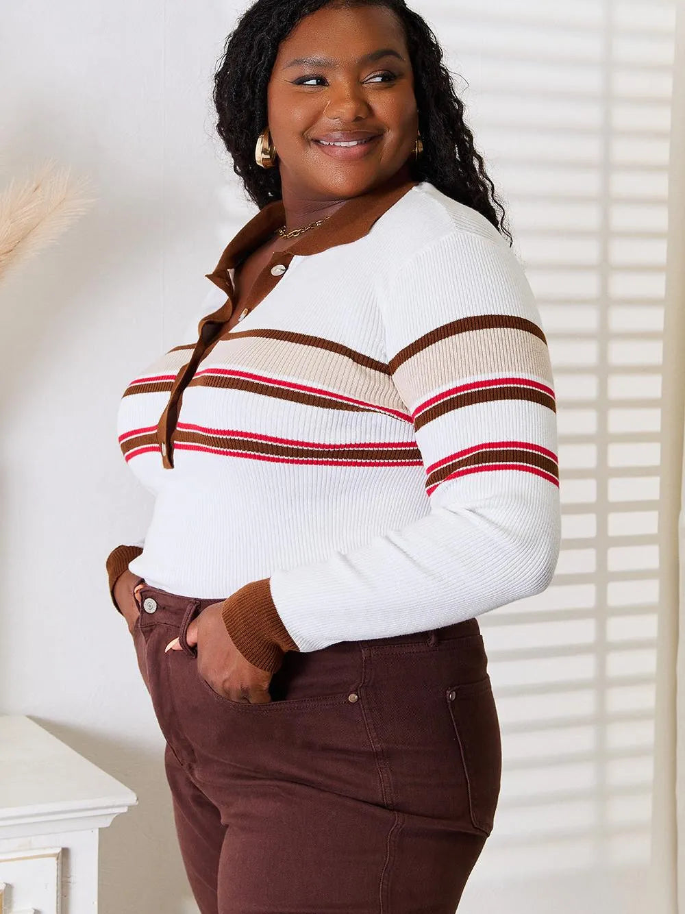 Basic Bae Cinnamon Stripes Collared Neck Rib-Knit Top-Women's Shirts & Tops-Shop Z & Joxa