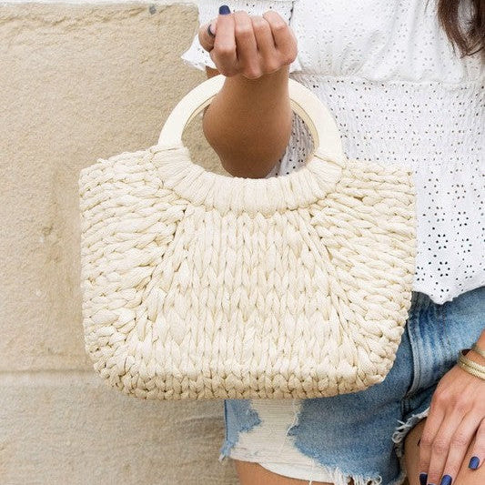 Beach Vibes Woven Tote with Natural Wood Handle-Women's Accessories-Shop Z & Joxa