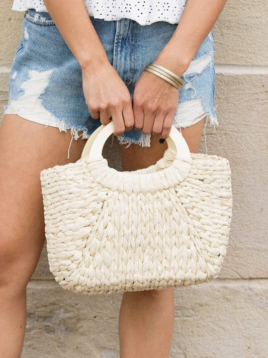 Beach Vibes Woven Tote with Natural Wood Handle-Women's Accessories-Shop Z & Joxa