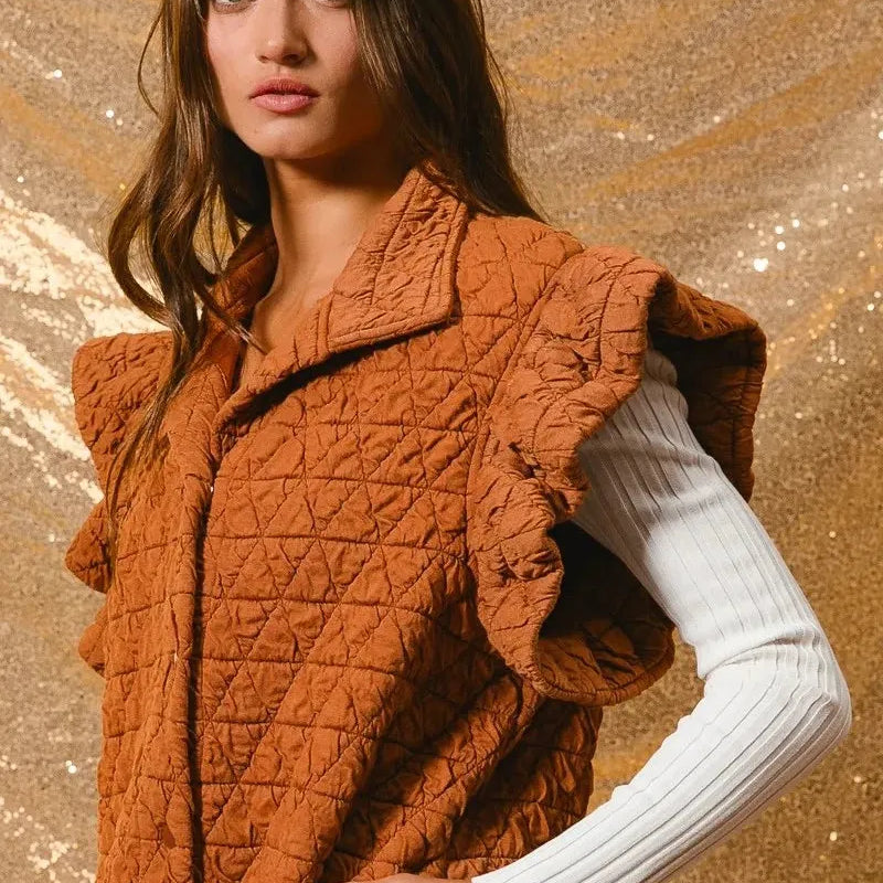 BiBi Amber Aura Quilted Ruffle Sleeveless Vest-Women's Outerwear-Shop Z & Joxa