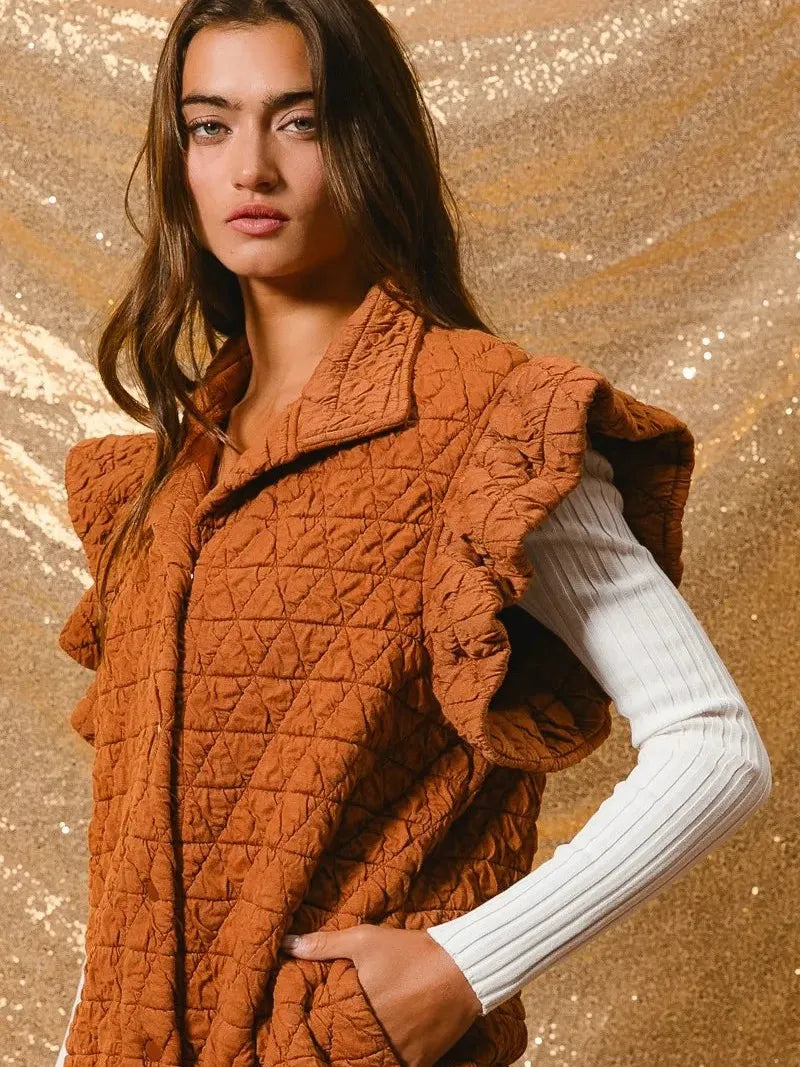 BiBi Amber Aura Quilted Ruffle Sleeveless Vest-Women's Outerwear-Shop Z & Joxa