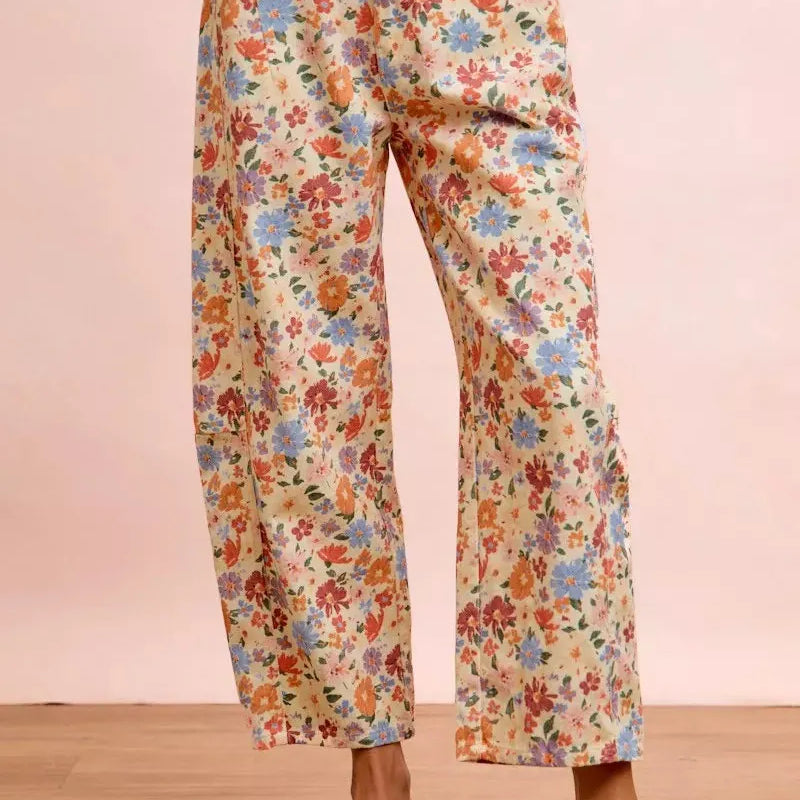 BiBi Barrel of Blooms Washed Floral Twill Barrel Pants-Women's Pants-Shop Z & Joxa