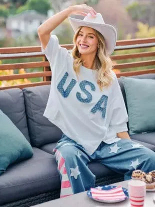 BiBi Blue Patchwork French Terry Short Sleeve Sweatshirt-Women's Shirts & Tops-Shop Z & Joxa