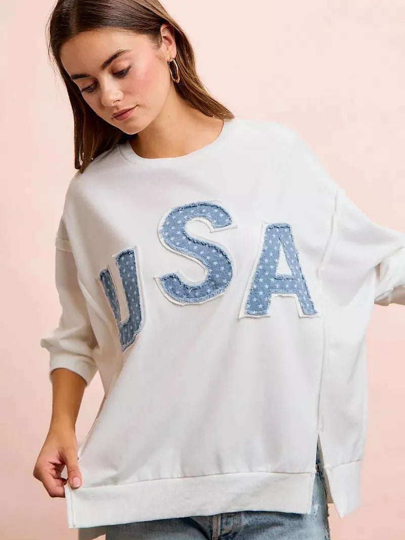 BiBi Blue Patchwork French Terry Short Sleeve Sweatshirt-Women's Shirts & Tops-Shop Z & Joxa
