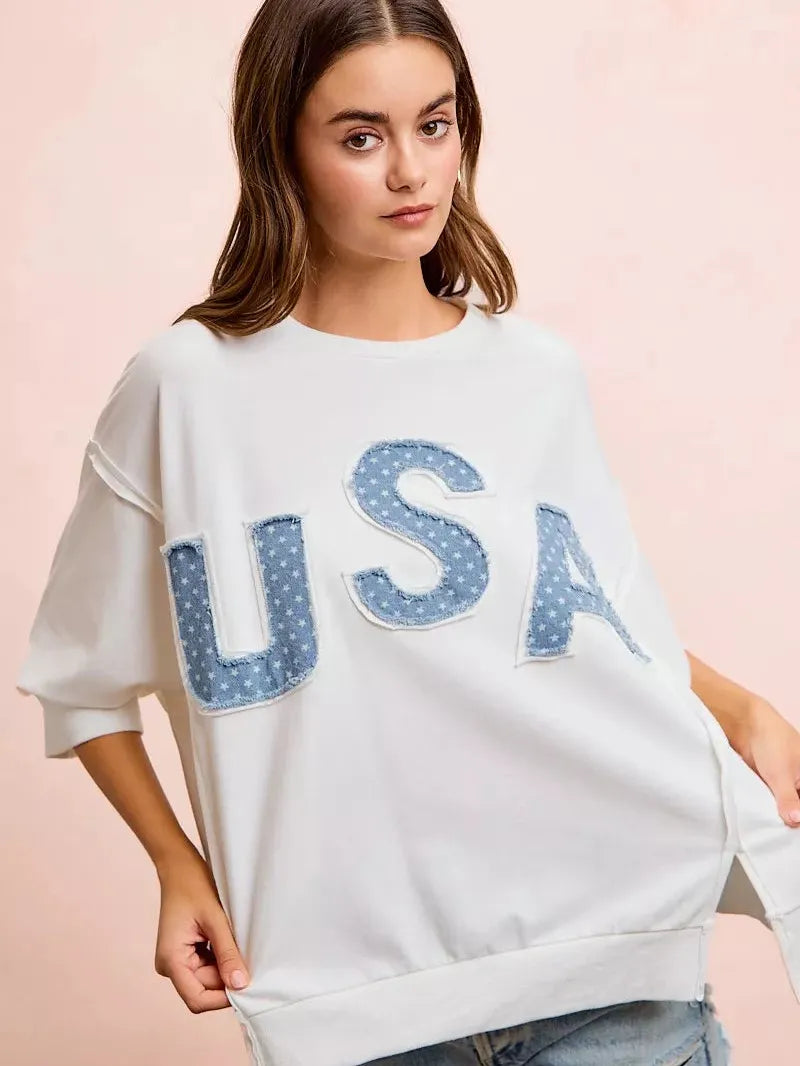 BiBi Blue Patchwork French Terry Short Sleeve Sweatshirt-Women's Shirts & Tops-Shop Z & Joxa