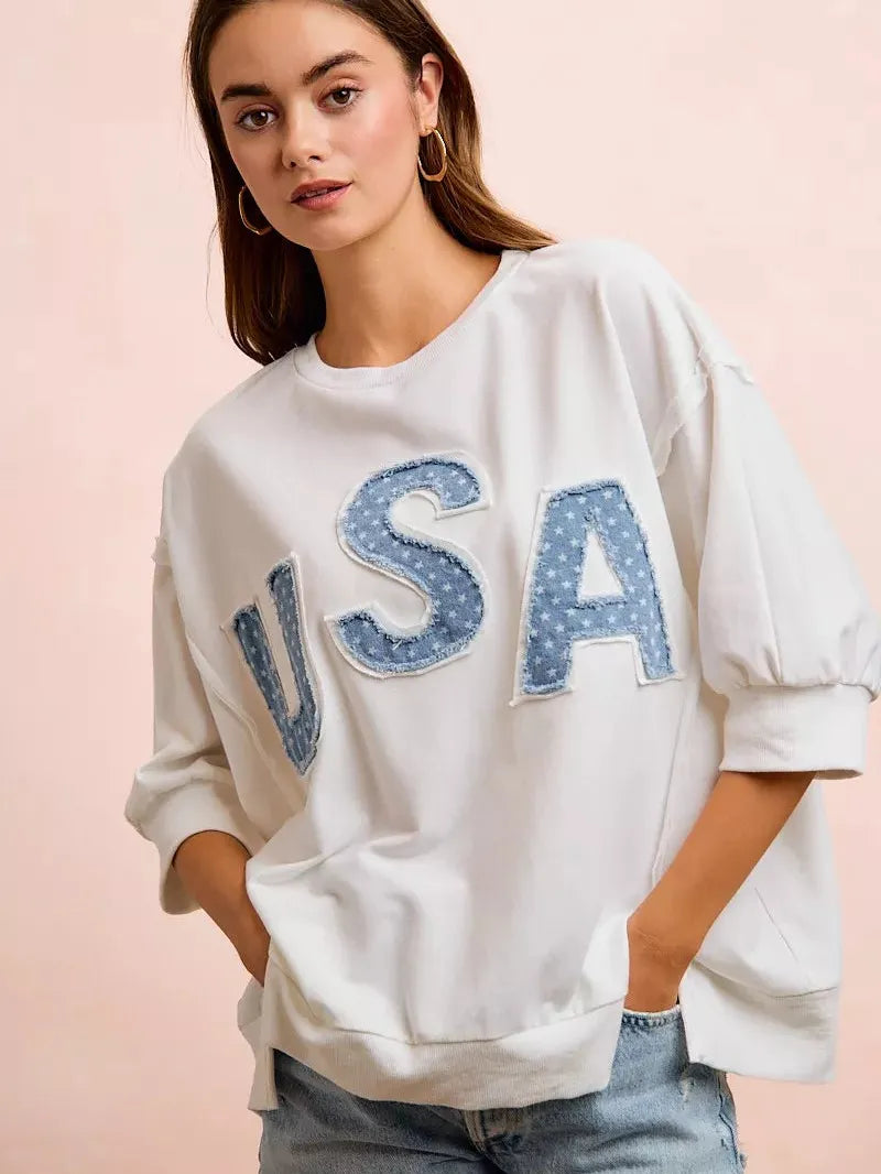 BiBi Blue Patchwork French Terry Short Sleeve Sweatshirt-Women's Shirts & Tops-Shop Z & Joxa