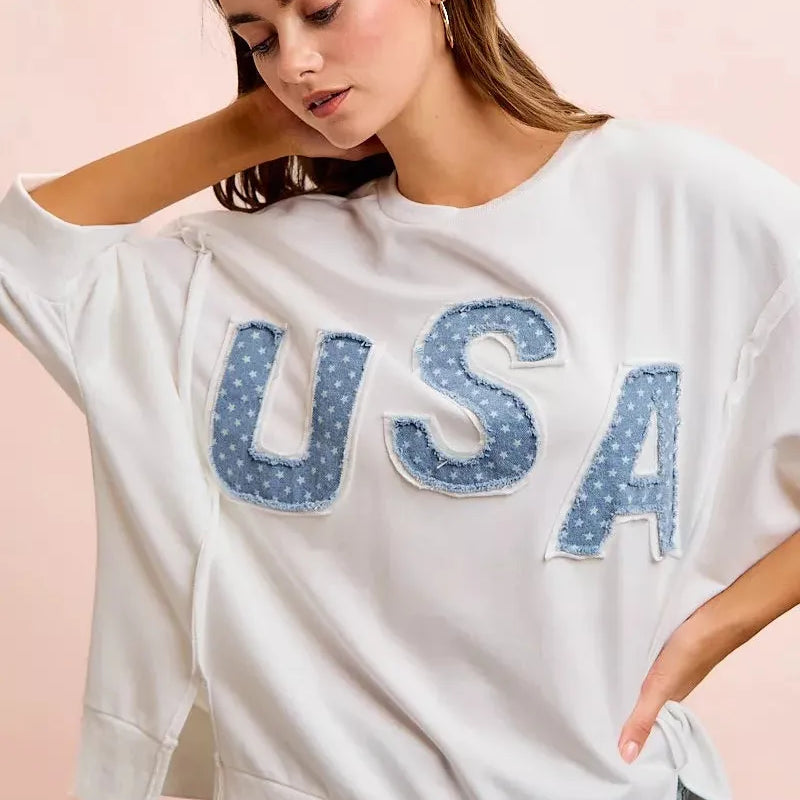 BiBi Blue Patchwork French Terry Short Sleeve Sweatshirt-Women's Shirts & Tops-Shop Z & Joxa