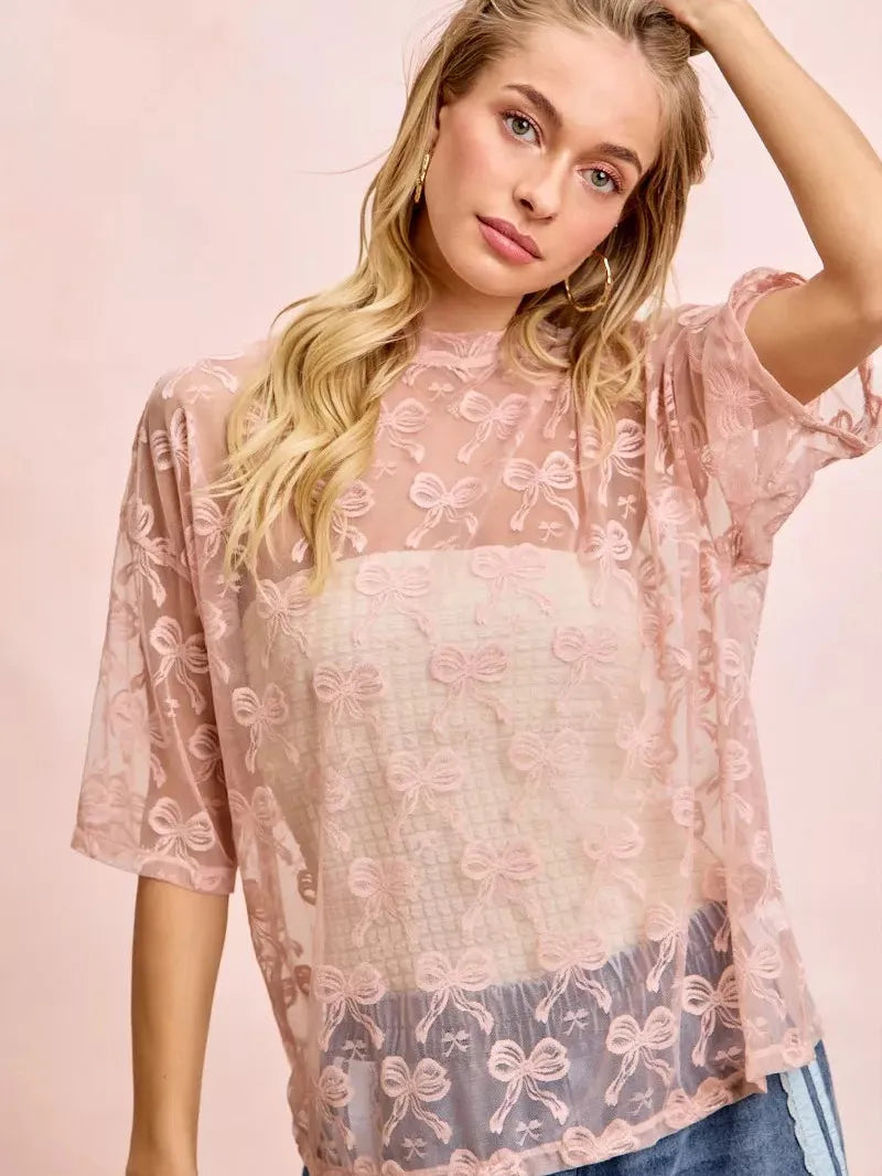 BiBi Blush Bow Short Sleeve Bow Print Boxy Mesh Top-Women's Shirts & Tops-Shop Z & Joxa