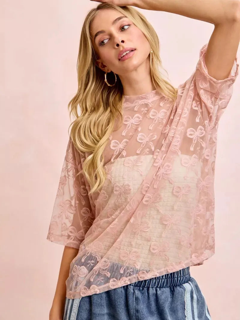 BiBi Blush Bow Short Sleeve Bow Print Boxy Mesh Top-Women's Shirts & Tops-Shop Z & Joxa