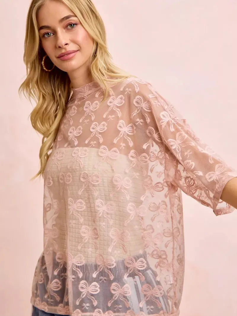 BiBi Blush Bow Short Sleeve Bow Print Boxy Mesh Top-Women's Shirts & Tops-Shop Z & Joxa