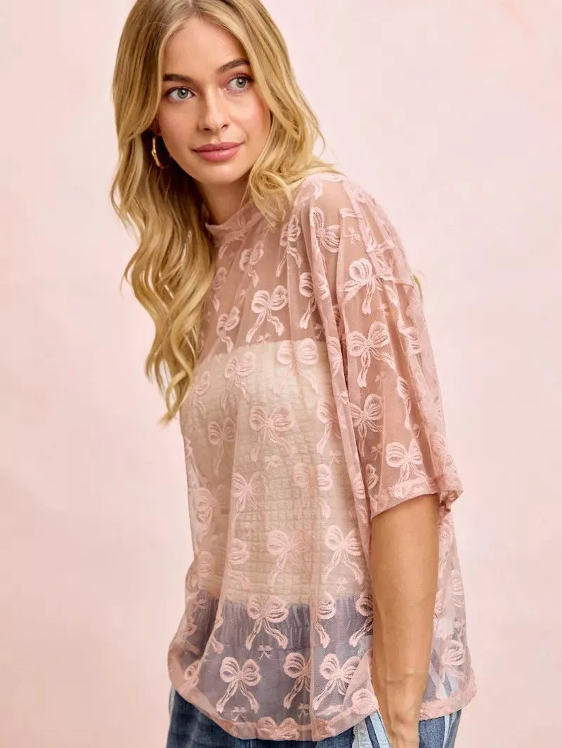 BiBi Blush Bow Short Sleeve Bow Print Boxy Mesh Top-Women's Shirts & Tops-Shop Z & Joxa