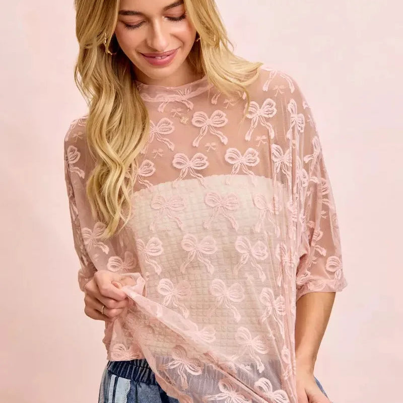 BiBi Blush Bow Short Sleeve Bow Print Boxy Mesh Top-Women's Shirts & Tops-Shop Z & Joxa