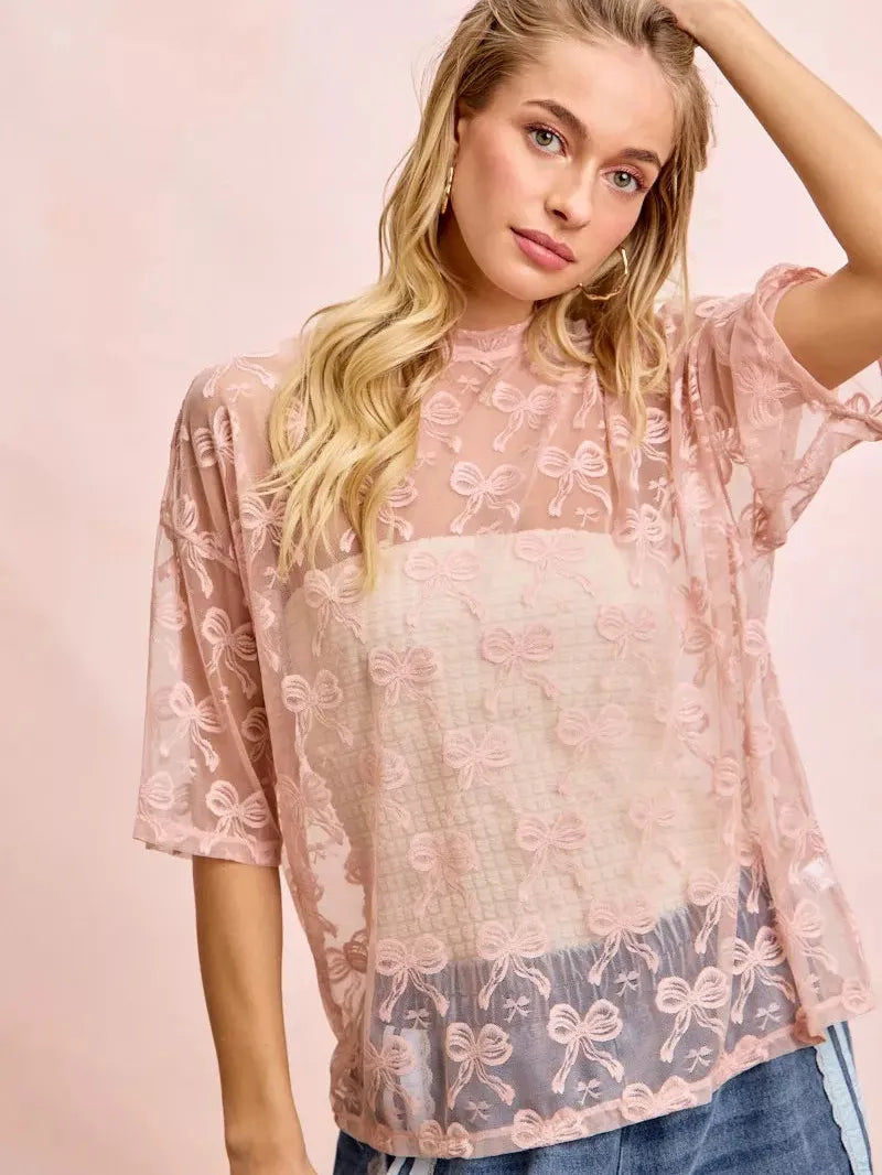 BiBi Blush Bow Short Sleeve Bow Print Boxy Mesh Top-Women's Shirts & Tops-Shop Z & Joxa