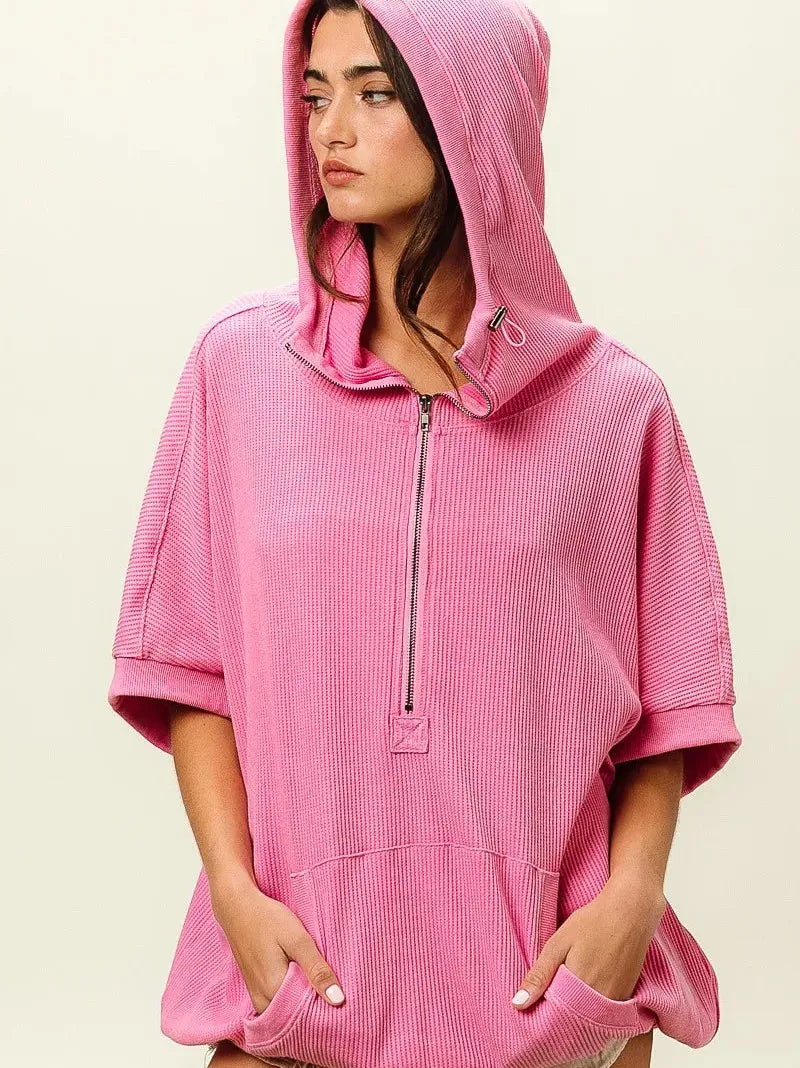 BiBi Blush & Chill Waffle Vintage Washed Waffle Thermal Hoodie-Women's Shirts & Tops-Shop Z & Joxa