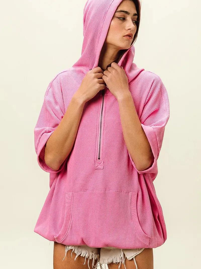 BiBi Blush & Chill Waffle Vintage Washed Waffle Thermal Hoodie-Women's Shirts & Tops-Shop Z & Joxa