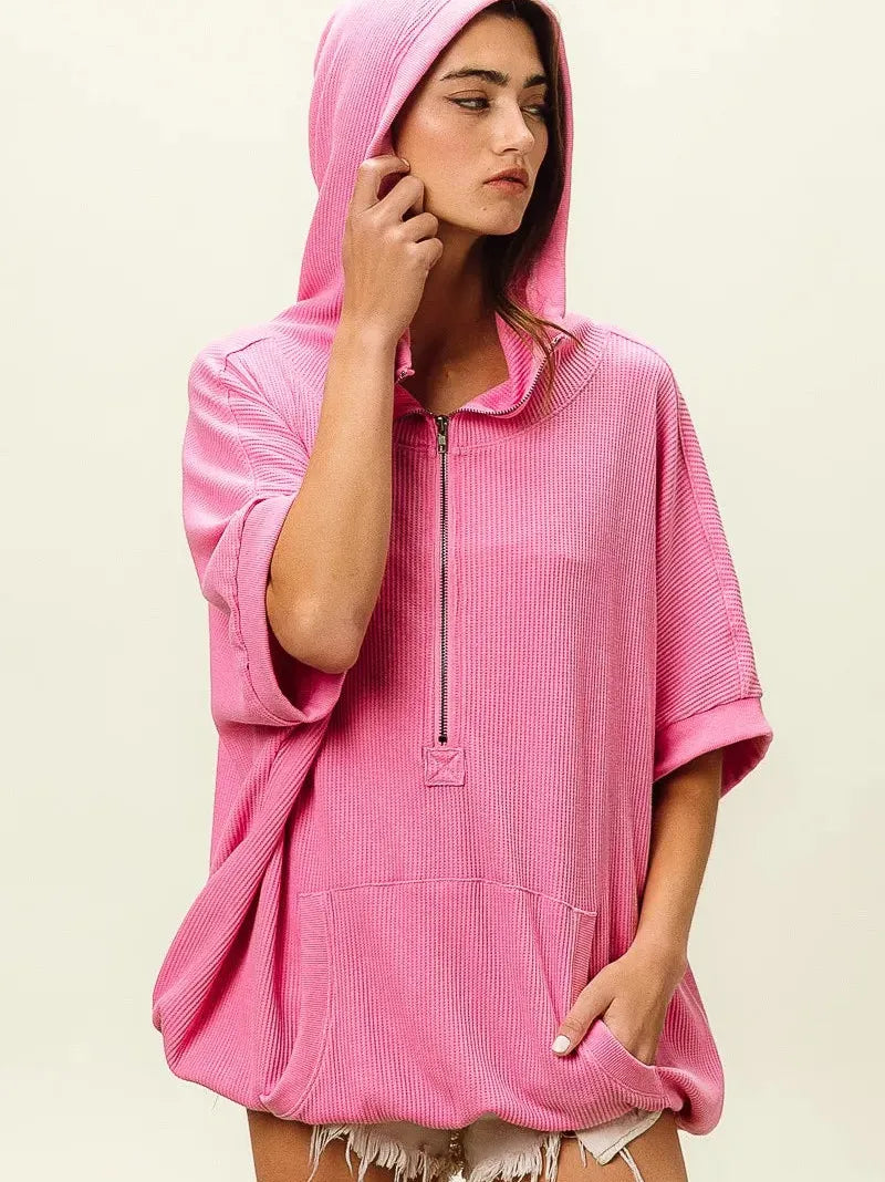 BiBi Blush & Chill Waffle Vintage Washed Waffle Thermal Hoodie-Women's Shirts & Tops-Shop Z & Joxa