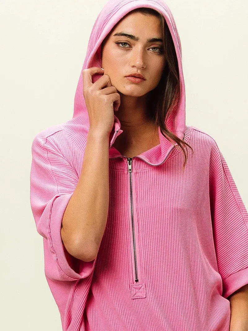 BiBi Blush & Chill Waffle Vintage Washed Waffle Thermal Hoodie-Women's Shirts & Tops-Shop Z & Joxa