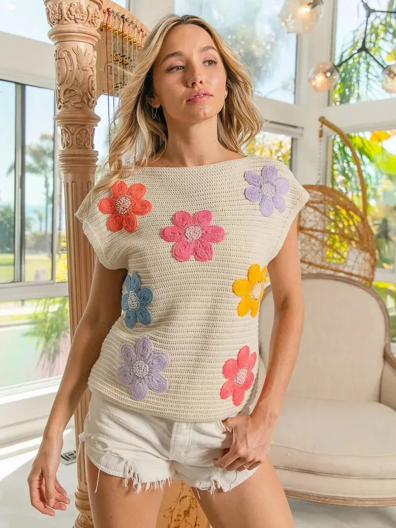 BiBi Boho Bloom Crochet Flower Jeweled Vest Top-Women's Shirts & Tops-Shop Z & Joxa
