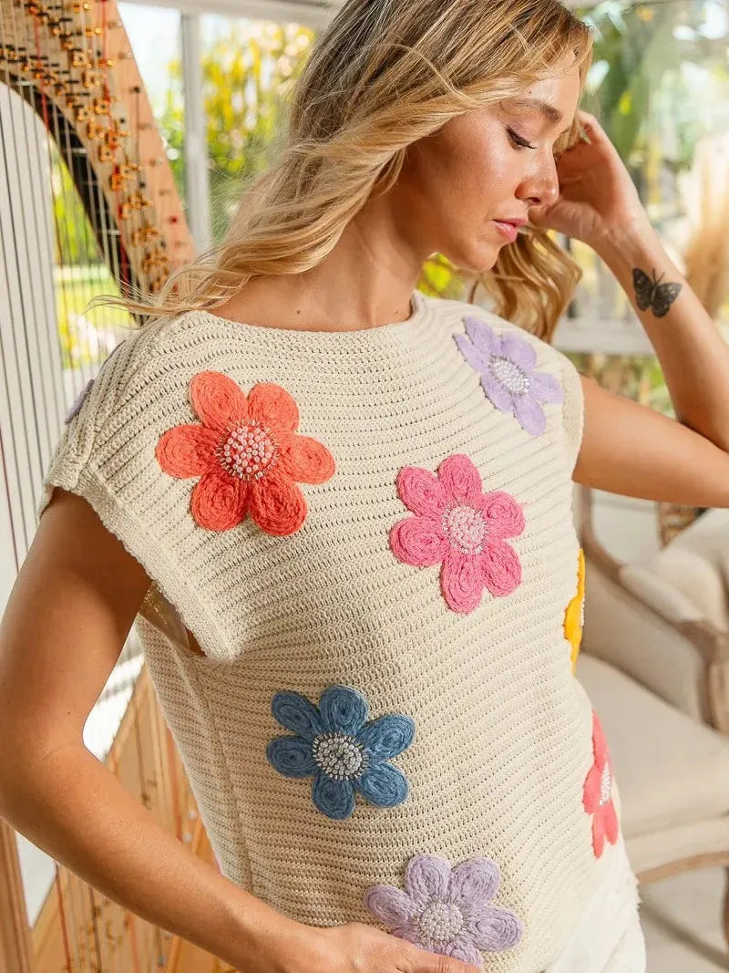 BiBi Boho Bloom Crochet Flower Jeweled Vest Top-Women's Shirts & Tops-Shop Z & Joxa