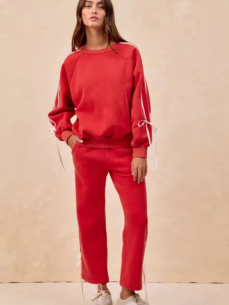 BiBi Bowside Beauty Side Lined Bow Sleeves Fleece Sweatshirt-Women's Shirts & Tops-Shop Z & Joxa