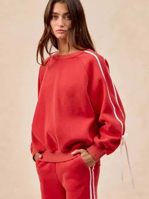 BiBi Bowside Beauty Side Lined Bow Sleeves Fleece Sweatshirt-Women's Shirts & Tops-Shop Z & Joxa