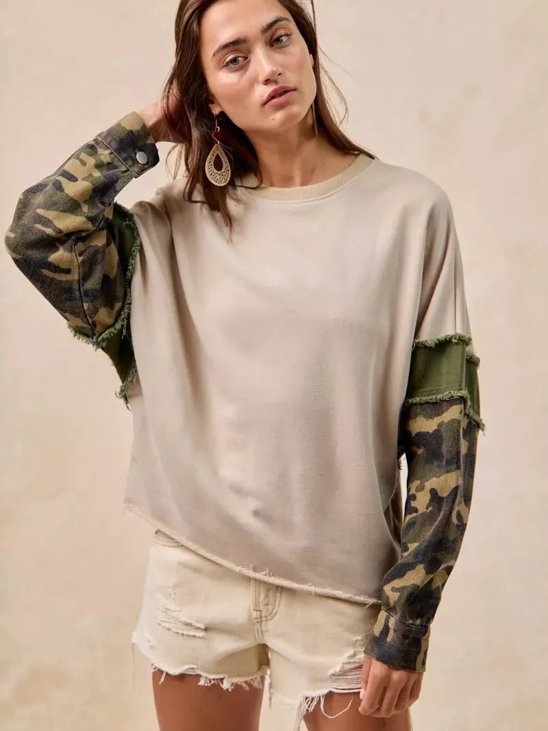BiBi Camo Edge Camo Sleeve French Terry Frayed Edge Top-Women's Shirts & Tops-Shop Z & Joxa
