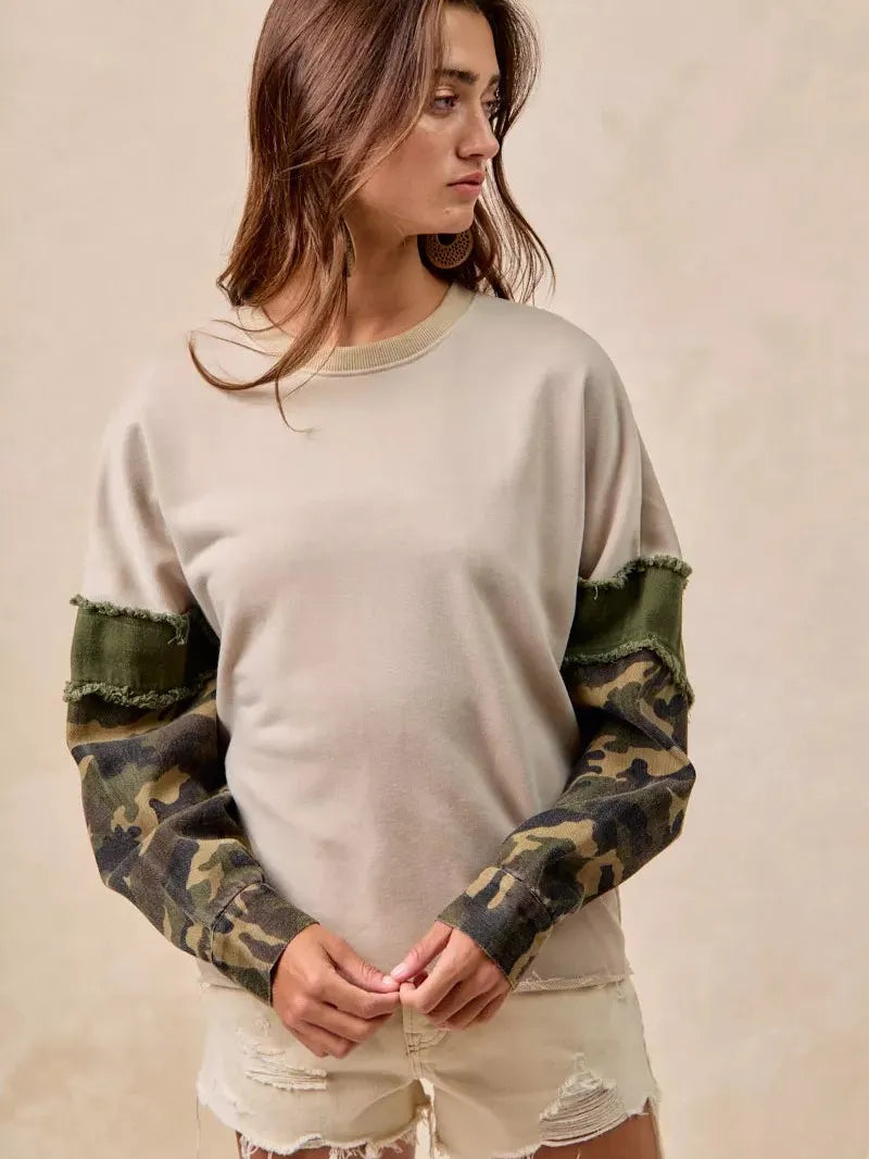 BiBi Camo Edge Camo Sleeve French Terry Frayed Edge Top-Women's Shirts & Tops-Shop Z & Joxa
