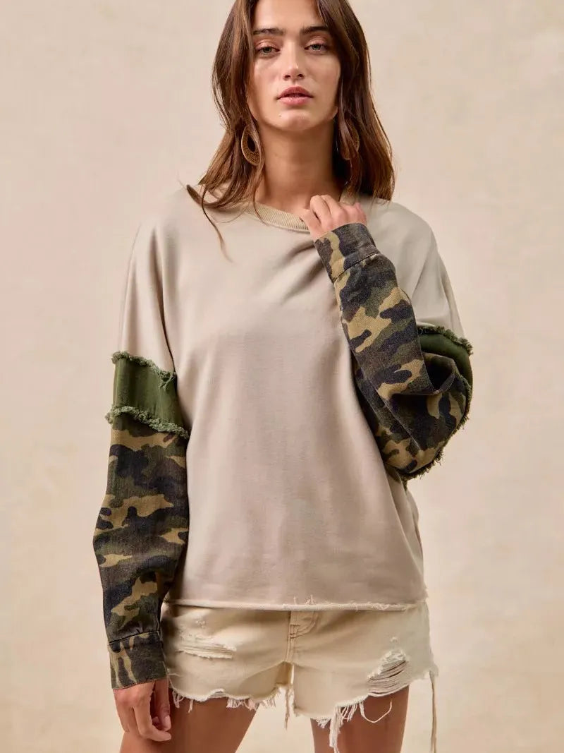 BiBi Camo Edge Camo Sleeve French Terry Frayed Edge Top-Women's Shirts & Tops-Shop Z & Joxa
