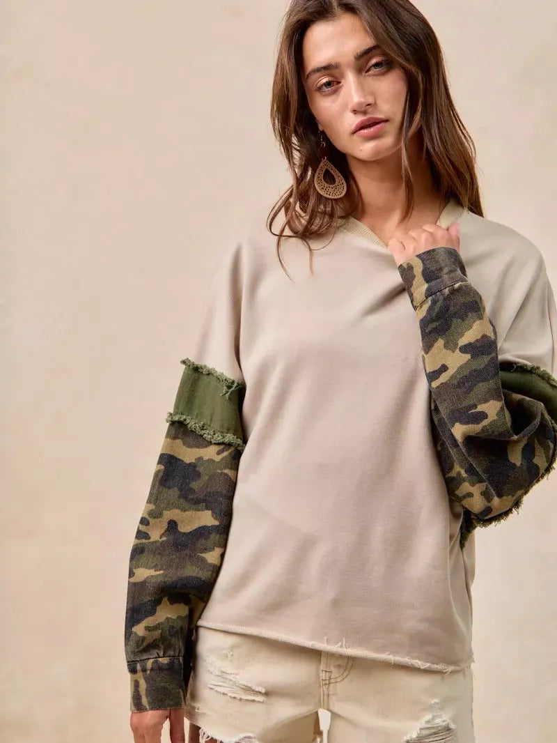 BiBi Camo Edge Camo Sleeve French Terry Frayed Edge Top-Women's Shirts & Tops-Shop Z & Joxa